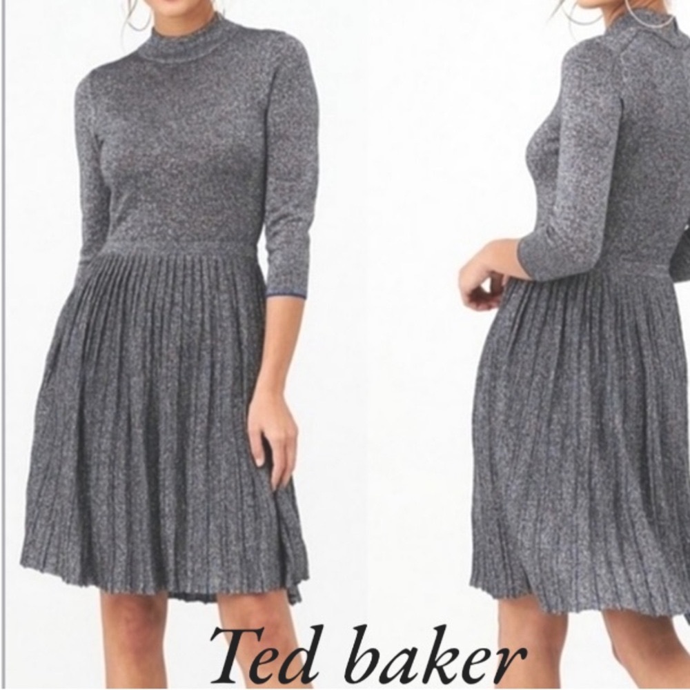 NEW, Ted Baker Noaleen high neck metallic silver knitted dress women's size 6